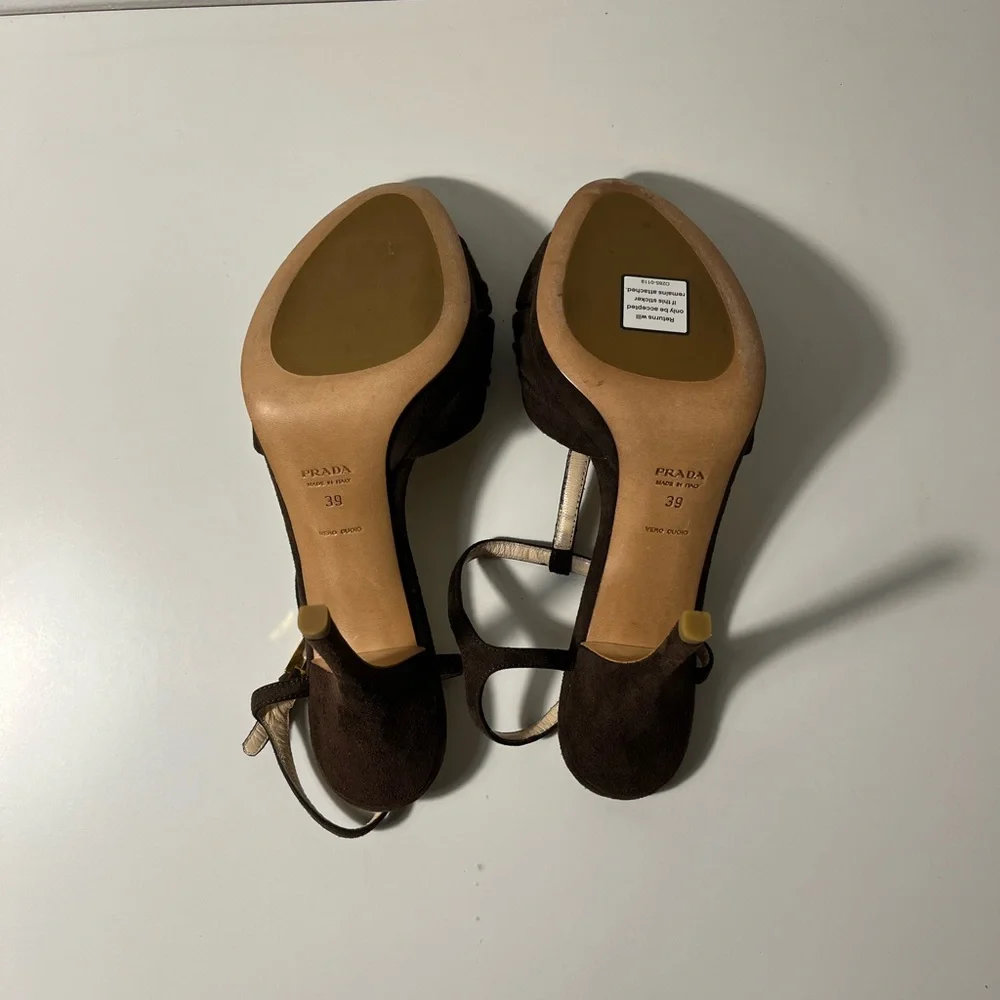 Prada Cutout Peep Open Toe Suede T-Strap Platform Stiletto Pump Heels Sandals - Picture 12 of 12